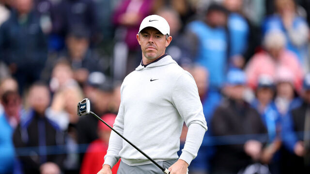 STRAFFAN, IRELAND - SEPTEMBER 04: Rory McIlroy of Northern Ireland reacts on the ninth green on day one of the Amgen Irish Open 2025 at The K Club on September 04, 2025 in Straffan, Ireland.