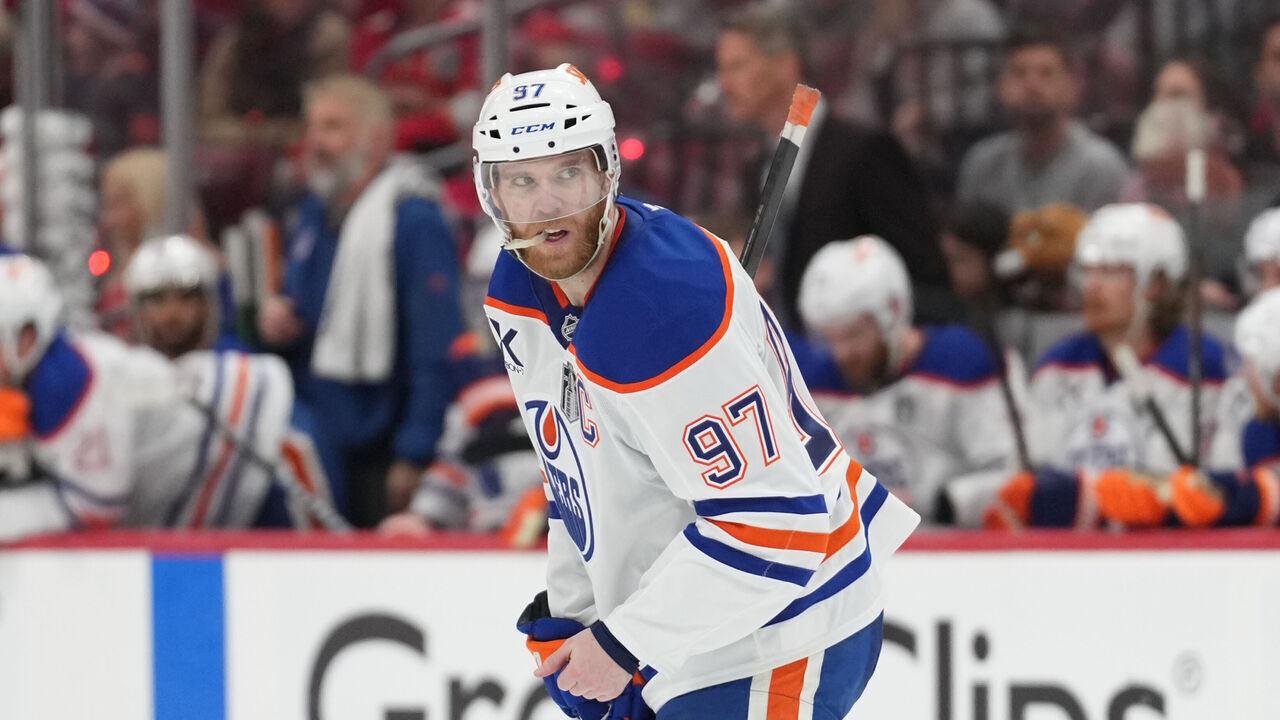SUNRISE, FL - JUNE 12: Edmonton Oilers center Connor McDavid (97) checks over his should in the second period during game four of the Stanley Cup Finals between the Edmonton Oilers and the Florida Panthers on Thursday, June 12, 2025 at Amerant Bank Arena, FL.