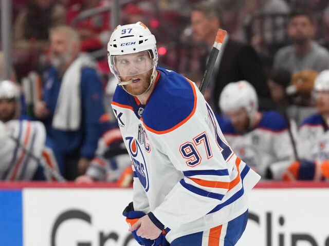 SUNRISE, FL - JUNE 12: Edmonton Oilers center Connor McDavid (97) checks over his should in the second period during game four of the Stanley Cup Finals between the Edmonton Oilers and the Florida Panthers on Thursday, June 12, 2025 at Amerant Bank Arena, FL.