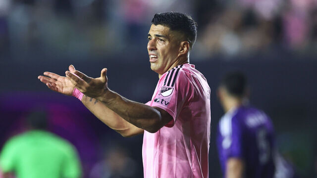 FORT LAUDERDALE, FLORIDA - AUGUST 27: Luis Suárez #9 of Inter Miami CF reacts during the Leagues Cup Semifinal between Inter Miami CF and Orlando City at Chase Stadium on August 27, 2025 in Fort Lauderdale, Florida.