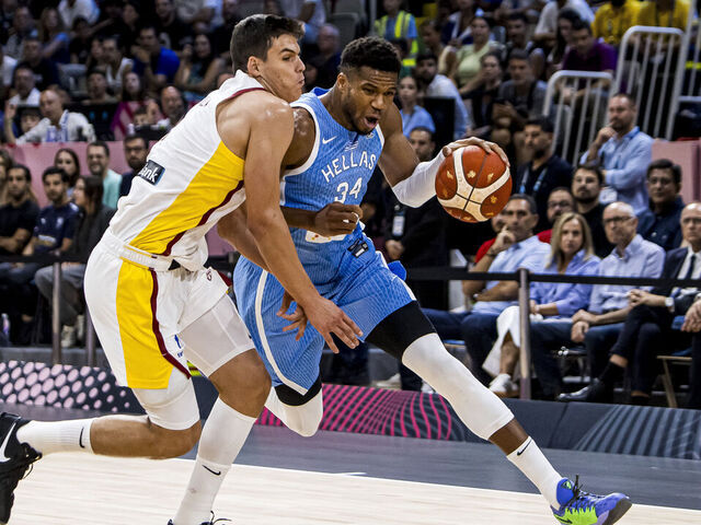 LIMASSOL, CYPRUS - SEPTEMBER 04: Giannis Antetokounmpo of Greece drives to the basket during the Group C FIBA Eurobasket 2025 game between Spain v Greece at Spyros Kyprianou Arena on September 04, 2025 in Limassol, Cyprus.