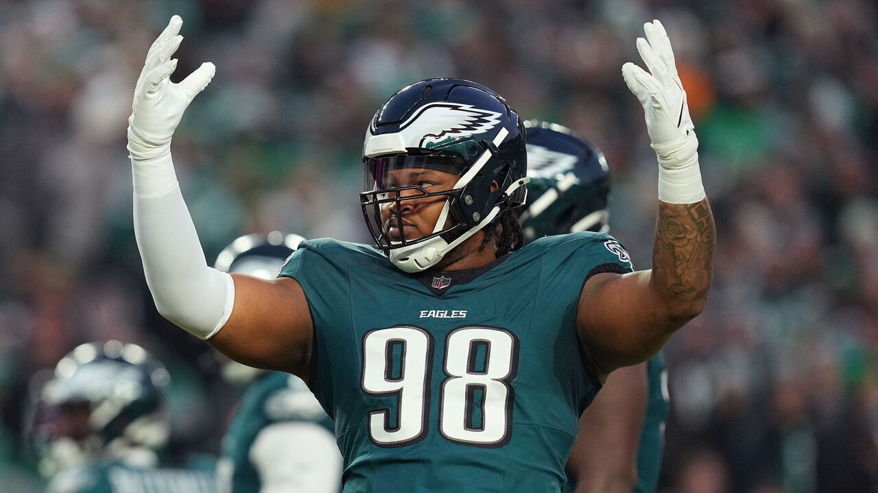 PHILADELPHIA, PENNSYLVANIA - JANUARY 12: Jalen Carter #98 of the Philadelphia Eagles reacts against the Green Bay Packers during the NFC Wild Card Playoff at Lincoln Financial Field on January 12, 2025 in Philadelphia, Pennsylvania.