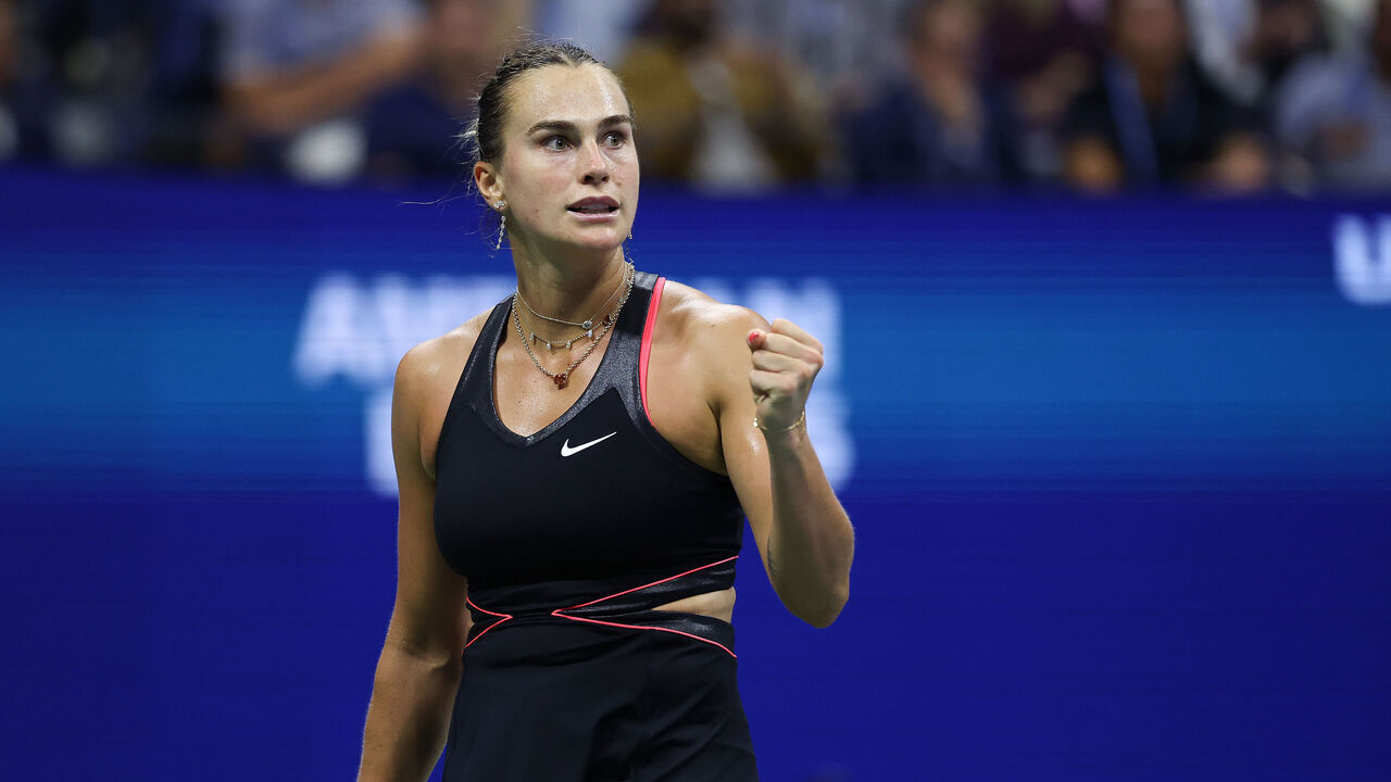 NEW YORK, NEW YORK - SEPTEMBER 04: Aryna Sabalenka celebrates a point against Jessica Pegula of the United States during their Women's Singles Semifinal match on Day Twelve of the 2025 US Open at USTA Billie Jean King National Tennis Center on September 4, 2025 in the Flushing neighborhood of the Queens borough of New York City.