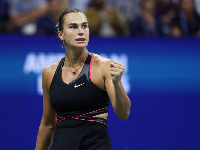 NEW YORK, NEW YORK - SEPTEMBER 04: Aryna Sabalenka celebrates a point against Jessica Pegula of the United States during their Women's Singles Semifinal match on Day Twelve of the 2025 US Open at USTA Billie Jean King National Tennis Center on September 4, 2025 in the Flushing neighborhood of the Queens borough of New York City.
