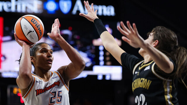 WASHINGTON, DC - SEPTEMBER 04: Alyssa Thomas #25 of the Phoenix Mercury shoots the ball against Sonia Citron #22 of the Washington Mystics during the second half of the game at CareFirst Arena on September 4, 2025 in Washington, DC.