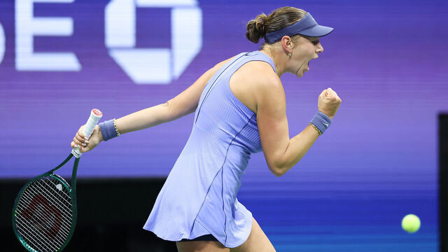 NEW YORK, NEW YORK - SEPTEMBER 04: Amanda Anisimova of the United States celebrates a point against Naomi Osaka of Japan during their Women's Singles Semifinal match on Day Twelve of the 2025 US Open at USTA Billie Jean King National Tennis Center on September 4, 2025 in the Flushing neighborhood of the Queens borough of New York City.