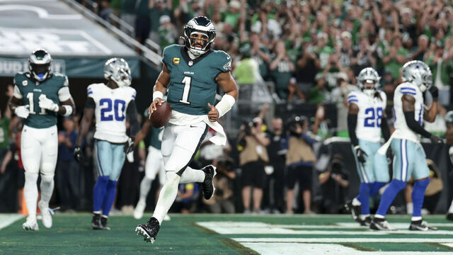 PHILADELPHIA, PENNSYLVANIA - SEPTEMBER 4: Jalen Hurts #1 of the Philadelphia Eagles runs in the end zone after a play during the first quarter of an NFL game against the Dallas Cowboys at Lincoln Financial Field on September 4, 2025 in Philadelphia, Pennsylvania.