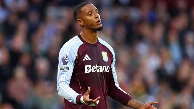 BIRMINGHAM, ENGLAND - AUGUST 31: Ezri Konsa of Aston Villa reacts during the Premier League match between Aston Villa and Crystal Palace at Villa Park on August 31, 2025 in Birmingham, England.