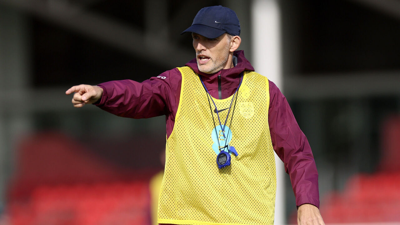 BURTON UPON TRENT, ENGLAND - SEPTEMBER 03: Thomas Tuchel, Head Coach of England, gives instructions during a training session at St George's Park on September 03, 2025 in Burton upon Trent, England.