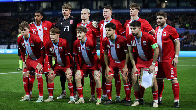 BOLTON, ENGLAND - MARCH 26: Players of Luxembourg pose for a team photograph prior to the UEFA U21 Euro 2025 Qualifier between England and Luxembourg at Toughsheet Community Stadium on March 26, 2024 in Bolton, England.