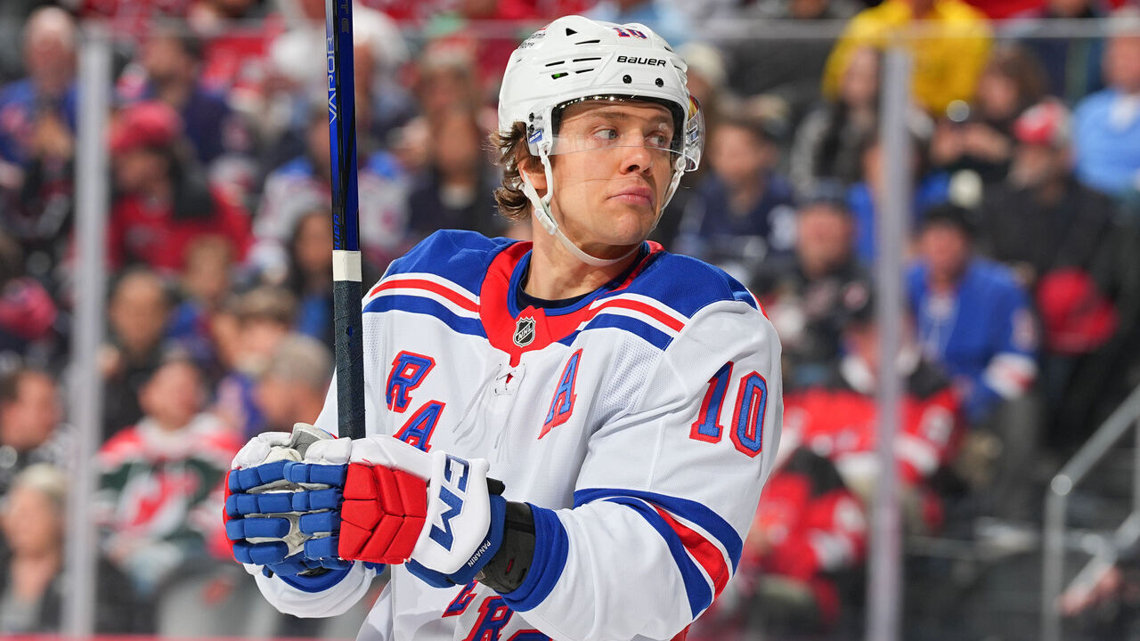 NEWARK, NJ - APRIL 05: Artemi Panarin #10 of the New York Rangers skates during the game against the New Jersey Devils at Prudential Center on April 5, 2025 in Newark, New Jersey.