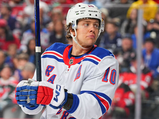 NEWARK, NJ - APRIL 05: Artemi Panarin #10 of the New York Rangers skates during the game against the New Jersey Devils at Prudential Center on April 5, 2025 in Newark, New Jersey.