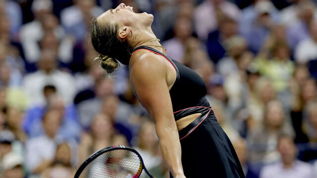 NEW YORK, NEW YORK - SEPTEMBER 04: Aryna Sabalenka celebrates match point against Jessica Pegula of the United States during their Women's Singles Semifinal match on Day Twelve of the 2025 US Open at USTA Billie Jean King National Tennis Center on September 4, 2025 in the Flushing neighborhood of the Queens borough of New York City.