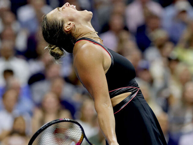 NEW YORK, NEW YORK - SEPTEMBER 04: Aryna Sabalenka celebrates match point against Jessica Pegula of the United States during their Women's Singles Semifinal match on Day Twelve of the 2025 US Open at USTA Billie Jean King National Tennis Center on September 4, 2025 in the Flushing neighborhood of the Queens borough of New York City.