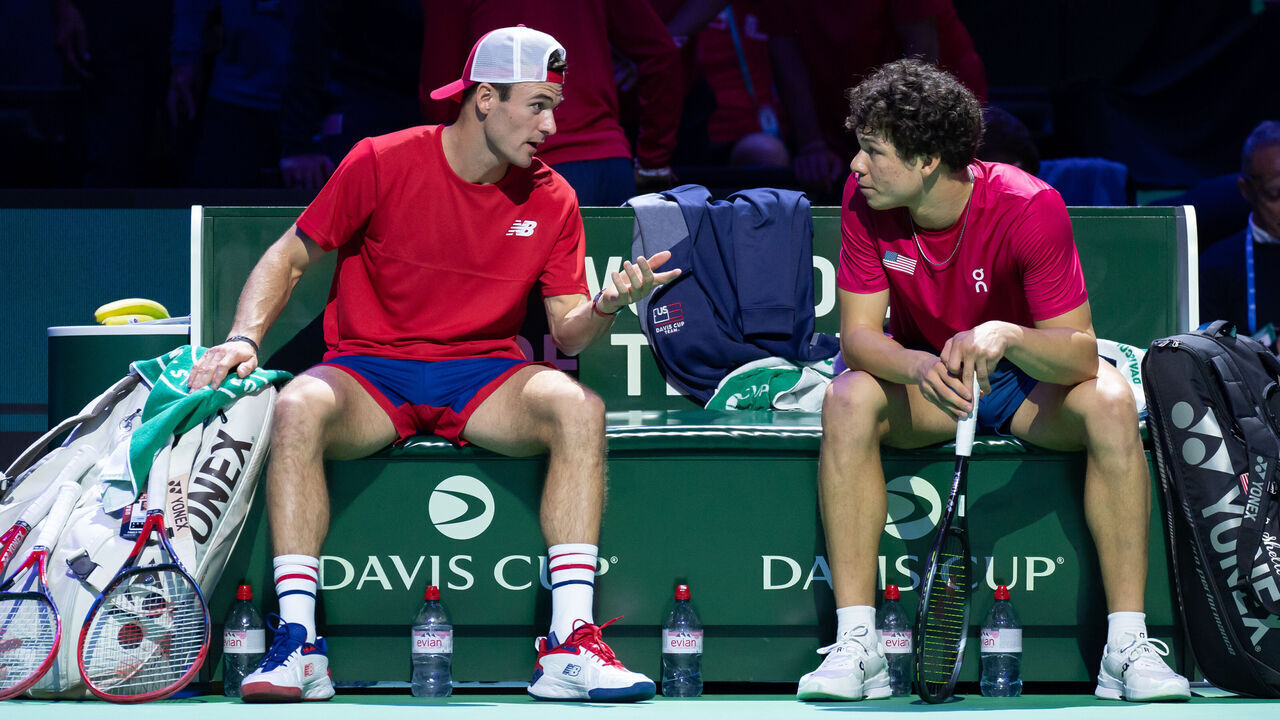 MALAGA, SPAIN - NOVEMBER 21: Tommy Paul of United States of America and Ben Shelton of United States of America in the quarterfinal tie between USA and Australia during the Davis Cup Finals at Palacio de Deportes Jose Maria Martin Carpena on November 21, 2024 in Malaga, Spain.