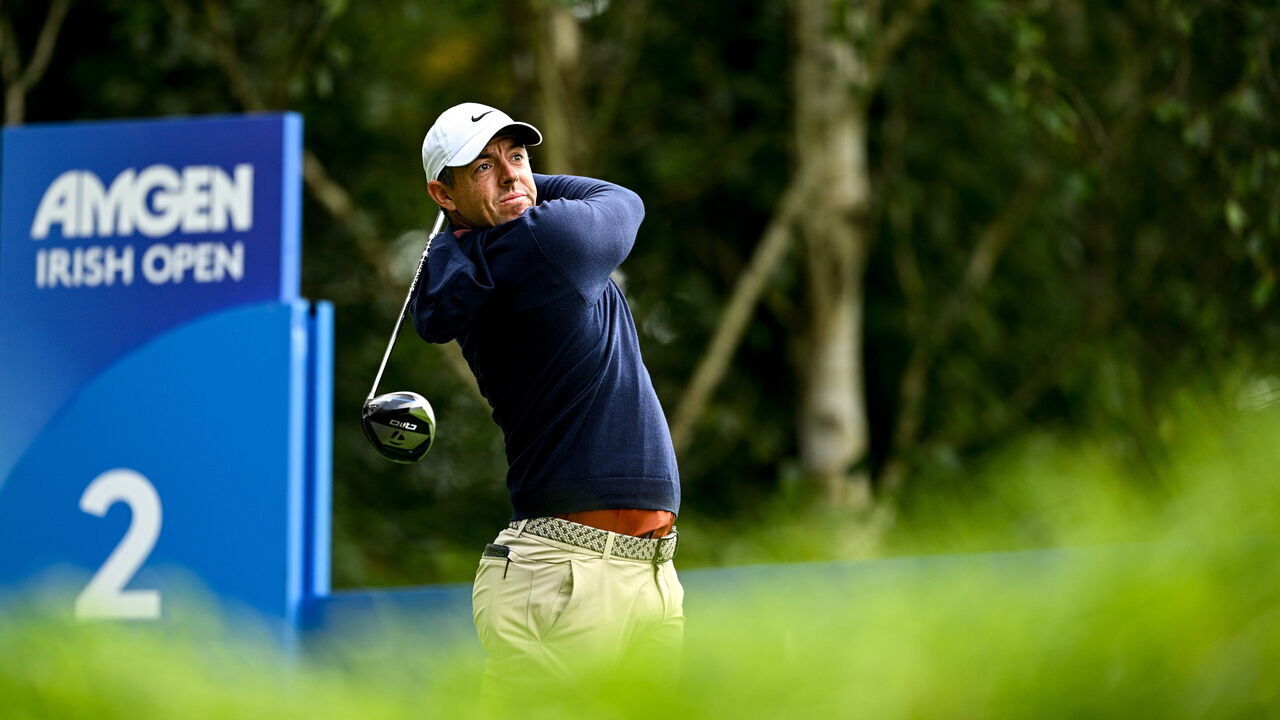 Kildare , Ireland - 5 September 2025; Rory McIlroy of Northern Ireland watches his drive on the second tee box during day two of the Amgen Irish Open Golf Championship 2025 at The K Club in Straffan, Kildare.