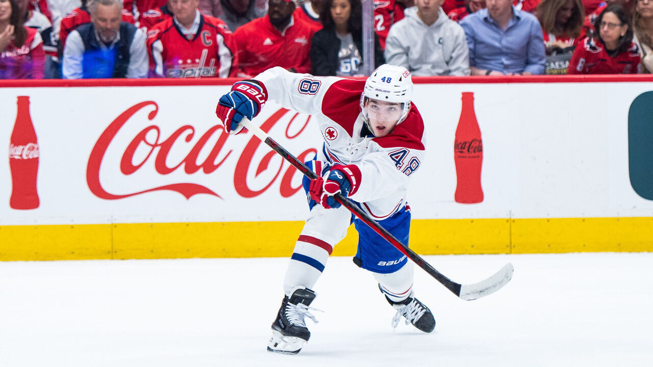 WASHINGTON, DC - APRIL 30: Lane Hutson #48 of the Montreal Canadiens makes a pass during the first period of Game Five of the First Round of the 2025 Stanley Cup Playoffs at Capital One Arena on April 30, 2025 in Washington, DC.