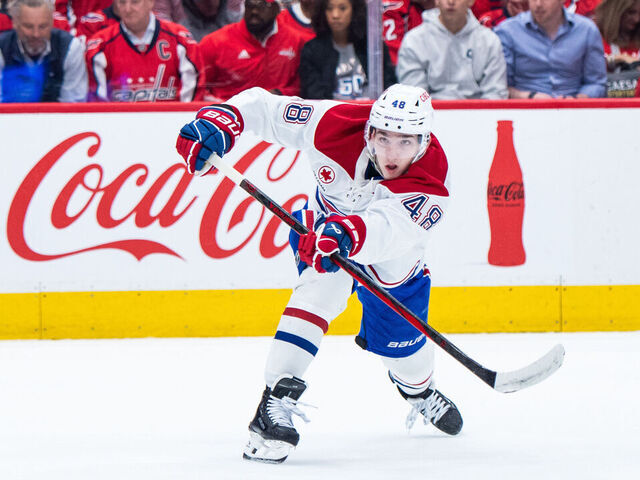 WASHINGTON, DC - APRIL 30: Lane Hutson #48 of the Montreal Canadiens makes a pass during the first period of Game Five of the First Round of the 2025 Stanley Cup Playoffs at Capital One Arena on April 30, 2025 in Washington, DC.