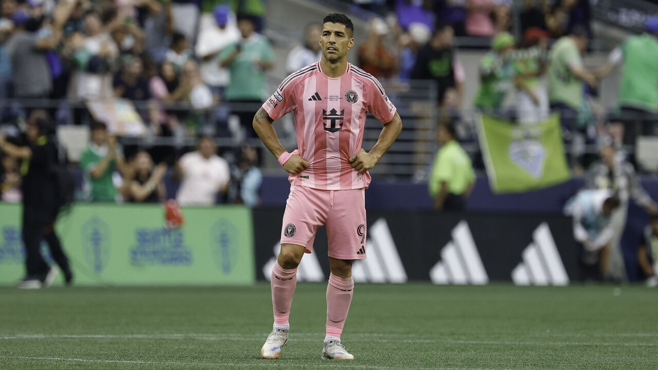SEATTLE, WASHINGTON - AUGUST 31: Luis Suárez #9 of Inter Miami looks on after the Leagues Cup Final match between Seattle Sounders and Inter Miami CF at Lumen Field on August 31, 2025 in Seattle, Washington. The Seattle Sounders won 3-0.