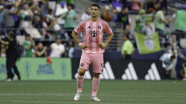 SEATTLE, WASHINGTON - AUGUST 31: Luis Suárez #9 of Inter Miami looks on after the Leagues Cup Final match between Seattle Sounders and Inter Miami CF at Lumen Field on August 31, 2025 in Seattle, Washington. The Seattle Sounders won 3-0.