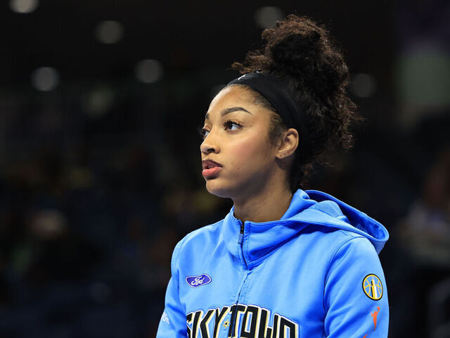 CHICAGO, ILLINOIS - SEPTEMBER 3: Angel Reese #5 of the Chicago Sky looks on before a game against the Connecticut Sun at Wintrust Arena on September 3, 2025 in Chicago, Illinois.