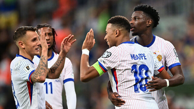 WROCLAW, POLAND - SEPTEMBER 05: Kylian Mbappe of France celebrates scoring his team's second goal with teammates during the FIFA World Cup 2026 qualifier match between Ukraine and France at Tarczynski Arena on September 05, 2025 in Wroclaw, Poland.