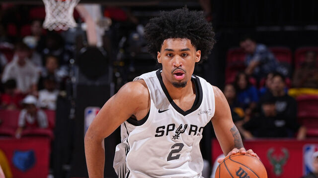 LAS VEGAS, NV - JULY 14: Dylan Harper #2 of the San Antonio Spurs dribbles the ball during the game against the Utah Jazz during the 2025 NBA Summer League game on July 14, 2025 at the Thomas & Mack Center in Las Vegas, Nevada. Mandatory Copyright Notice: Copyright 2025 NBAE