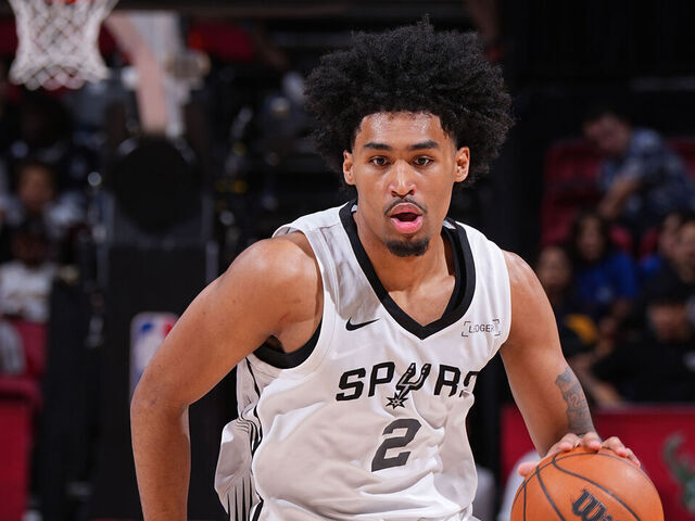 LAS VEGAS, NV - JULY 14: Dylan Harper #2 of the San Antonio Spurs dribbles the ball during the game against the Utah Jazz during the 2025 NBA Summer League game on July 14, 2025 at the Thomas & Mack Center in Las Vegas, Nevada. Mandatory Copyright Notice: Copyright 2025 NBAE