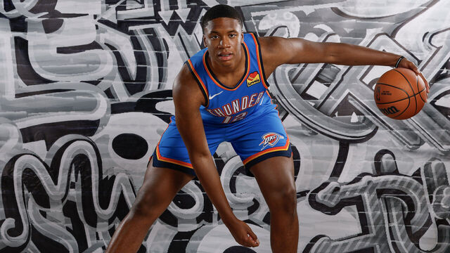LAS VEGAS, NEVADA - JULY 16: Thomas Sorber #12 of the Oklahoma City Thunder poses for a portrait during the 2025 NBA Rookie Photo Shoot at UNLV on July 16, 2025 in Las Vegas, Nevada.