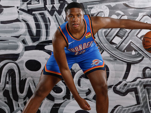 LAS VEGAS, NEVADA - JULY 16: Thomas Sorber #12 of the Oklahoma City Thunder poses for a portrait during the 2025 NBA Rookie Photo Shoot at UNLV on July 16, 2025 in Las Vegas, Nevada.