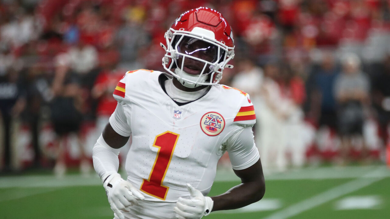 GLENDALE, ARIZONA - AUGUST 9: Wide receiver Xavier Worthy #1 of the Kansas City Chiefs looks on during the pregame warmups before the NFL Preseason 2025 game between Kansas City Chiefs and Arizona Cardinals at State Farm Stadium on August 9, 2025 in Glendale, Arizona.