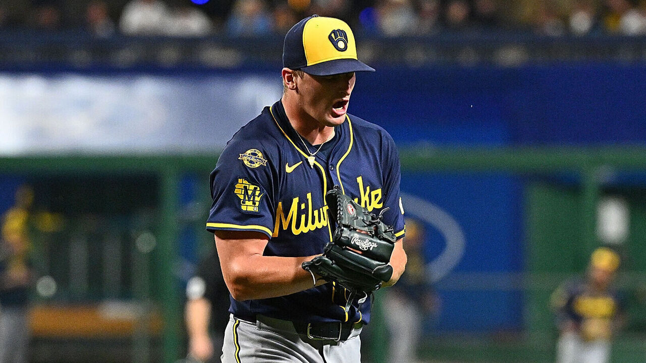 PITTSBURGH, PENNSYLVANIA - SEPTEMBER 5: Quinn Priester #46 of the Milwaukee Brewers reacts after the final out in the seventh inning during the game against the Pittsburgh Pirates at PNC Park on September 5, 2025 in Pittsburgh, Pennsylvania.