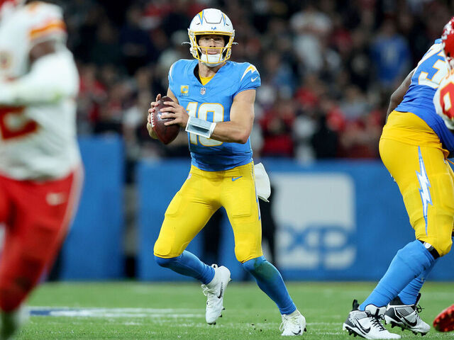 SAO PAULO, BRAZIL - SEPTEMBER 05: Justin Herbert #10 of the Los Angeles Chargers looks to pass during the game against the Kansas City Chiefs at Arena Corinthians on September 05, 2025 in Sao Paulo, Brazil.