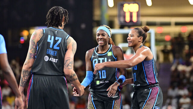 ATLANTA, GA - SEPTEMBER 5: Rhyne Howard #10 high fives Brittney Griner #42 of the Atlanta Dream during the game against the Los Angeles Sparks on September 5, 2025 at Gateway Center Arena at College Park in Atlanta, Georgia. Mandatory Copyright Notice: Copyright 2025 NBAE