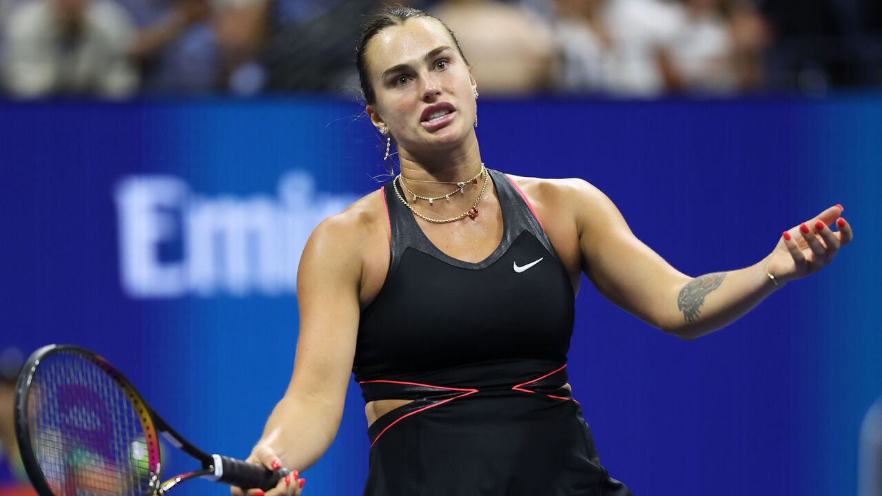 NEW YORK, NEW YORK - SEPTEMBER 04: Aryna Sabalenka reacts in her Women's Semifinal match against Jessica Pegula of the United States on Day Twelve of the 2025 US Open at USTA Billie Jean King National Tennis Center on September 4, 2025 in the Flushing neighborhood of the Queens borough of New York City.