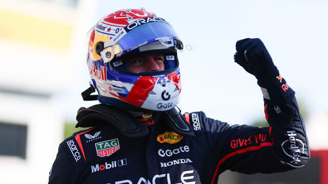 MONZA, ITALY - SEPTEMBER 06: Pole position qualifier Max Verstappen of the Netherlands and Oracle Red Bull Racing celebrates in parc ferme during qualifying ahead of the F1 Grand Prix of Italy at Autodromo Nazionale Monza on September 06, 2025 in Monza, Italy.