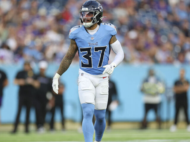 NASHVILLE, TENNESSEE - AUGUST 22: Amani Hooker #37 of the Tennessee Titans in coverage during an NFL Preseason 2025 game against the Minnesota Vikings at Nissan Stadium on August 22, 2025 in Nashville, Tennessee.