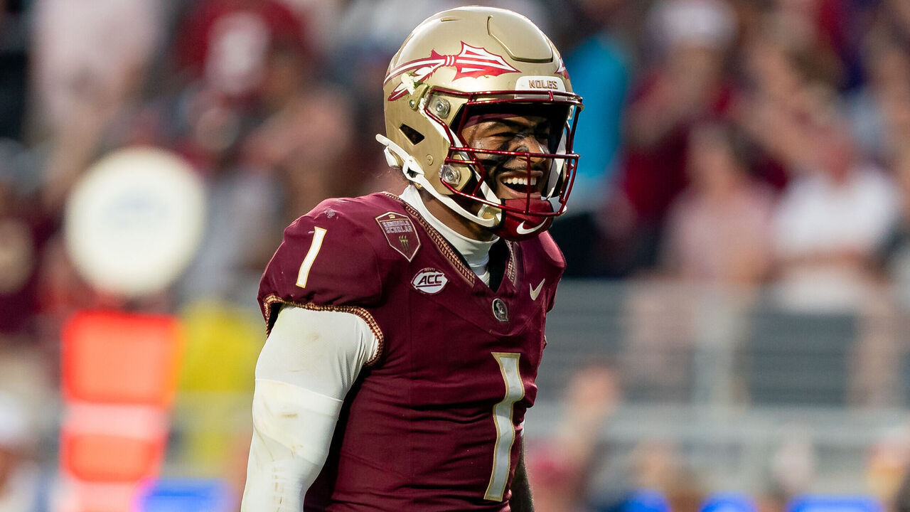 TALLAHASSEE, FL - AUGUST 30: Florida State Seminoles quarterback Tommy Castellanos (1) celebrates a touchdown during a college football game between the Alabama Crimson Tide and the Florida State Seminoles on August 30th, 2025 at Doak Campbell Stadium in Tallahassee, FL.