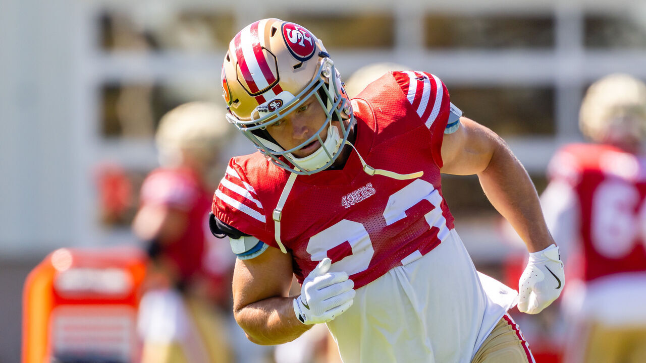 SANTA CLARA, CA - AUGUST 05: San Francisco 49ers running back Christian McCaffrey (23) does a running drill during San Francisco 49ers Training Camp on August 5, 2025 at the SAP Performance Facility in Santa Clara, CA.