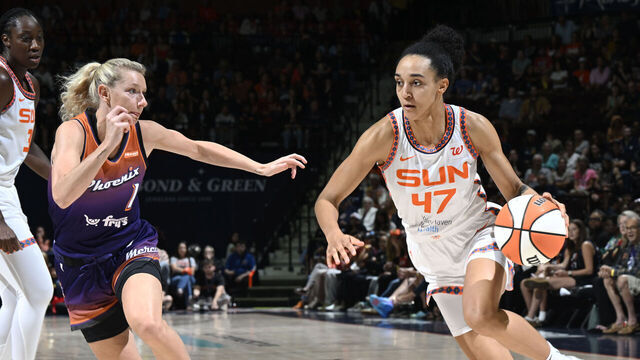 UNCASVILLE, CT - SEPTEMBER 6: Leila Lacan #47 of the Connecticut Sun drives to the basket during the game against the Phoenix Mercury on September 6, 2025 at the Mohegan Sun Arena in Uncasville, Connecticut. Mandatory Copyright Notice: Copyright 2025 NBAE
