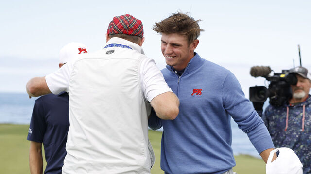 PEBBLE BEACH, CALIFORNIA - SEPTEMBER 06: Tyler Weaver of Team Great Britain and Ireland celebrates after winning his match with Connor Graham 3&1 against Tommy Morrison and Jackson Koivun of Team United States in Saturday foursomes on Day One of The 50th Walker Cup at Cypress Point Golf Club on September 06, 2025 in Pebble Beach, California.