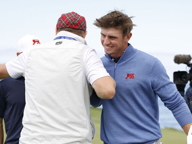 PEBBLE BEACH, CALIFORNIA - SEPTEMBER 06: Tyler Weaver of Team Great Britain and Ireland celebrates after winning his match with Connor Graham 3&1 against Tommy Morrison and Jackson Koivun of Team United States in Saturday foursomes on Day One of The 50th Walker Cup at Cypress Point Golf Club on September 06, 2025 in Pebble Beach, California.