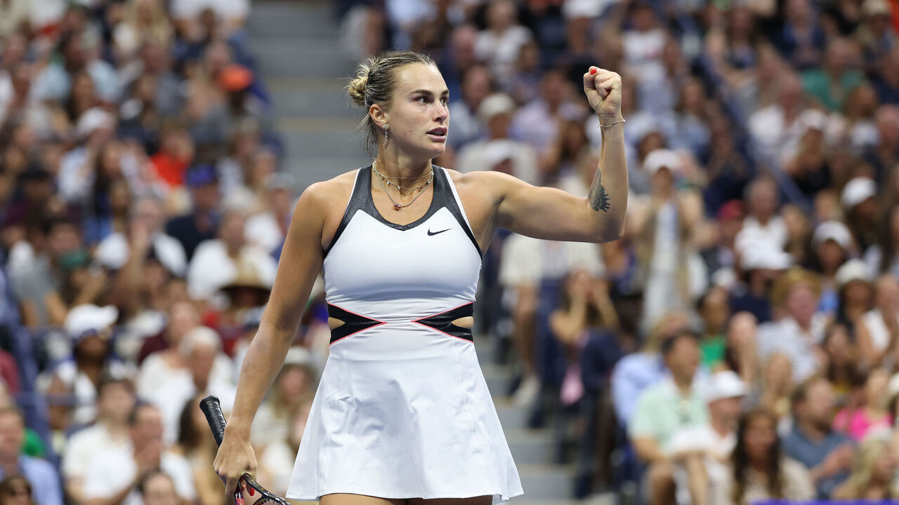 NEW YORK, NEW YORK - SEPTEMBER 06: Aryna Sabalenka reacts against Amanda Anisimova of the United States during their Women's Singles Final match on Day Fourteen of the 2025 US Open at USTA Billie Jean King National Tennis Center on September 06, 2025 in New York City.