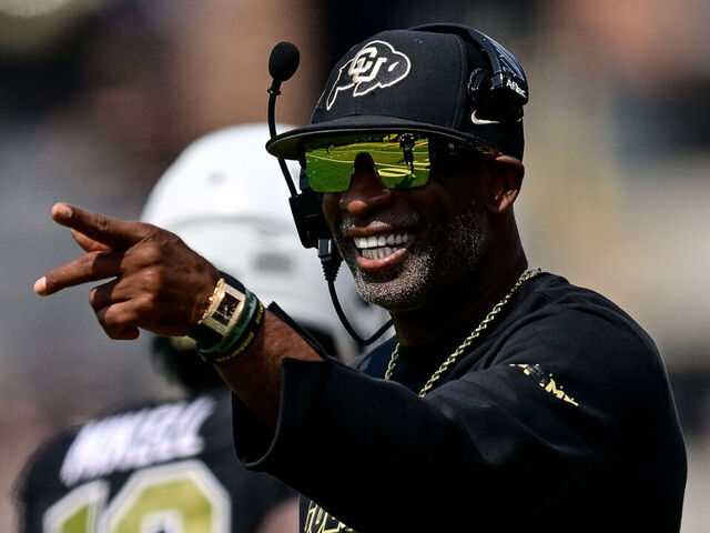 BOULDER, CO - SEPTEMBER 6: Head coach Deion Sanders of the Colorado Buffaloes looks on in the first half against the Delaware Fightin Blue Hens at Folsom Field on September 6, 2025 in Boulder, Colorado.