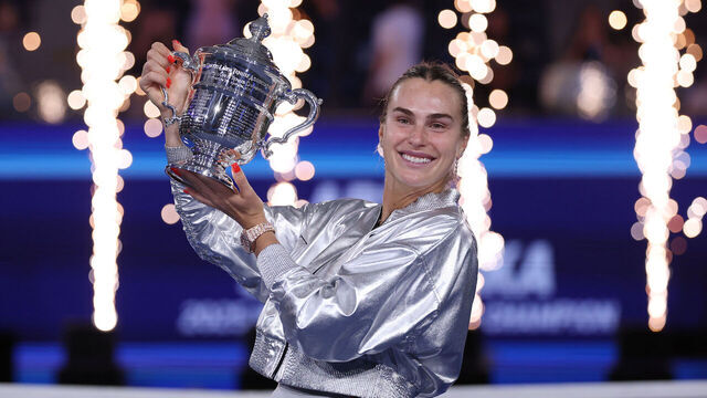 NEW YORK, NEW YORK - SEPTEMBER 06: Aryna Sabalenka poses with her trophy after defeating Amanda Anisimova of the United States during their Women's Singles Final match on Day Fourteen of the 2025 US Open at USTA Billie Jean King National Tennis Center on September 06, 2025 in New York City.