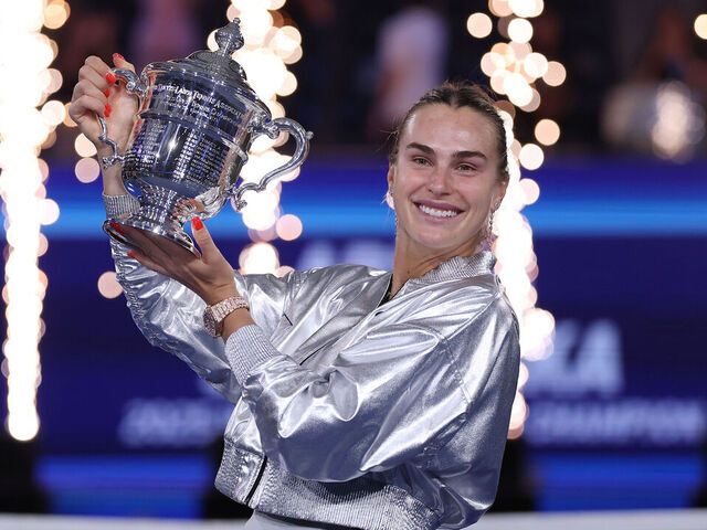 NEW YORK, NEW YORK - SEPTEMBER 06: Aryna Sabalenka poses with her trophy after defeating Amanda Anisimova of the United States during their Women's Singles Final match on Day Fourteen of the 2025 US Open at USTA Billie Jean King National Tennis Center on September 06, 2025 in New York City.