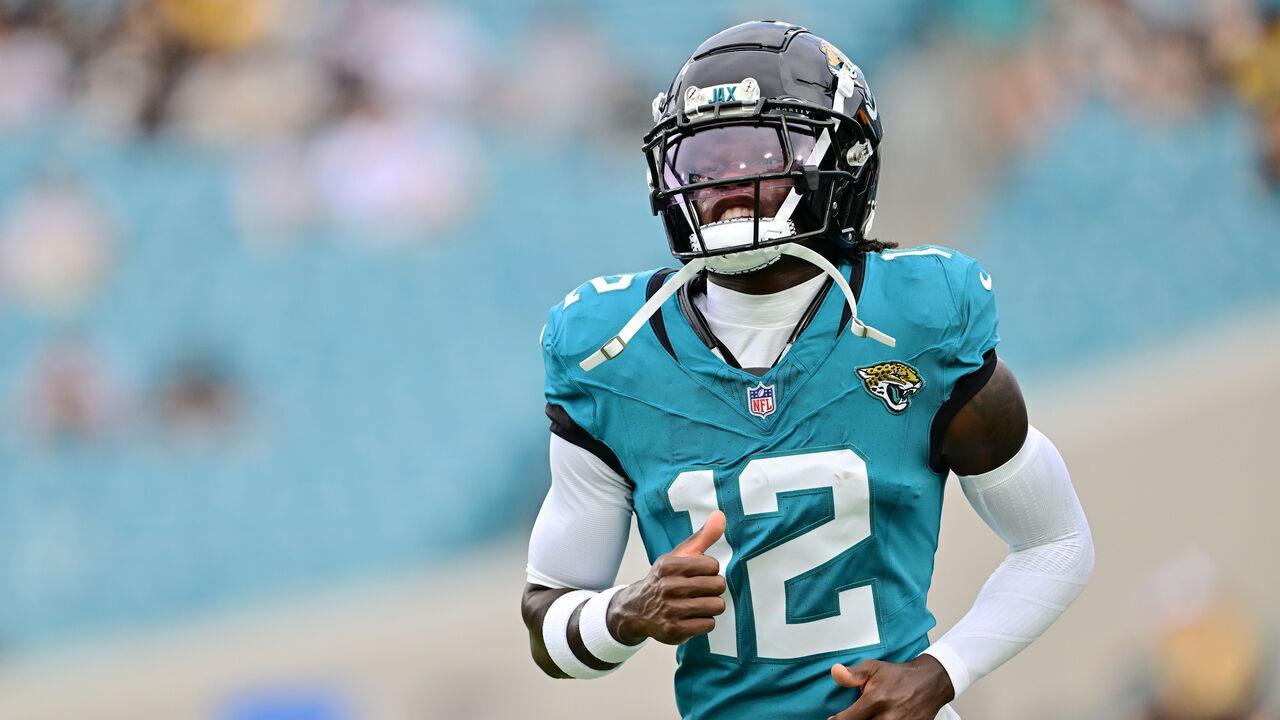 JACKSONVILLE, FLORIDA - AUGUST 09: Travis Hunter #12 of the Jacksonville Jaguars looks on prior to a the NFL Preseason 2025 game between Pittsburgh Steelers and Jacksonville Jaguars at EverBank Stadium on August 09, 2025 in Jacksonville, Florida.