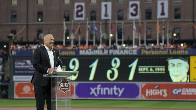 BALTIMORE, MARYLAND - SEPTEMBER 06: Cal Ripken Jr. delivers a speech during his 2131 ceremony ahead of the game between the Los Angeles Dodgers and the Baltimore Orioles at Oriole Park at Camden Yards on September 06, 2025 in Baltimore, Maryland.