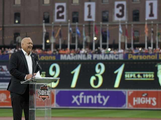 BALTIMORE, MARYLAND - SEPTEMBER 06: Cal Ripken Jr. delivers a speech during his 2131 ceremony ahead of the game between the Los Angeles Dodgers and the Baltimore Orioles at Oriole Park at Camden Yards on September 06, 2025 in Baltimore, Maryland.