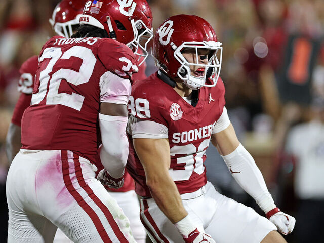 NORMAN, OKLAHOMA - SEPTEMBER 06: Owen Heinecke #38 of the Oklahoma Sooners reacts to a defensive stop during the second half of a game against the Michigan Wolverines at Gaylord Family Oklahoma Memorial Stadium on September 06, 2025 in Norman, Oklahoma.